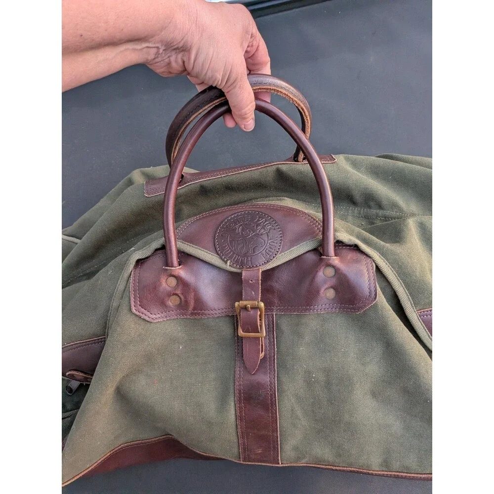Duluth Pack Sportsman Duffle Large Green Canvas Brown Leather Vintage USA